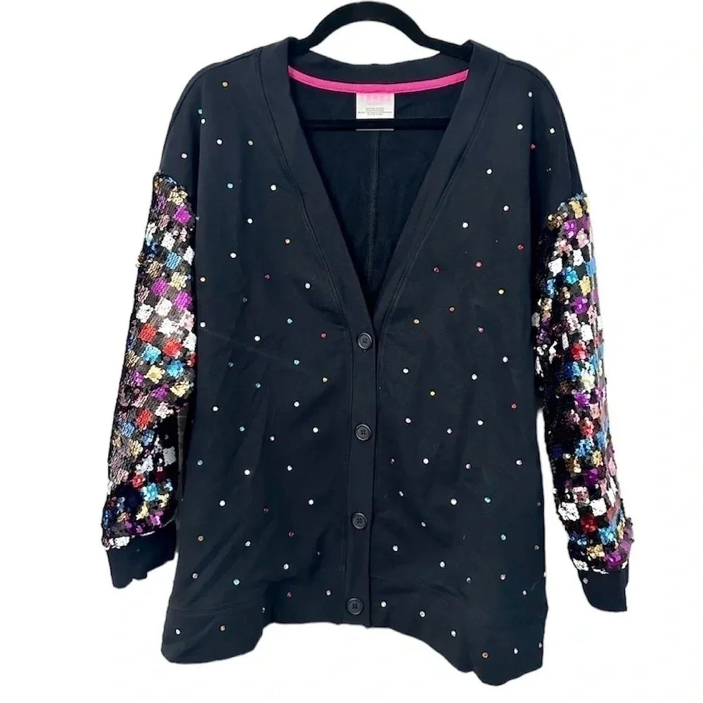 Terez Jeweled and Sequined Cotton Button V-Neck Jacket Black Size XL NWOT